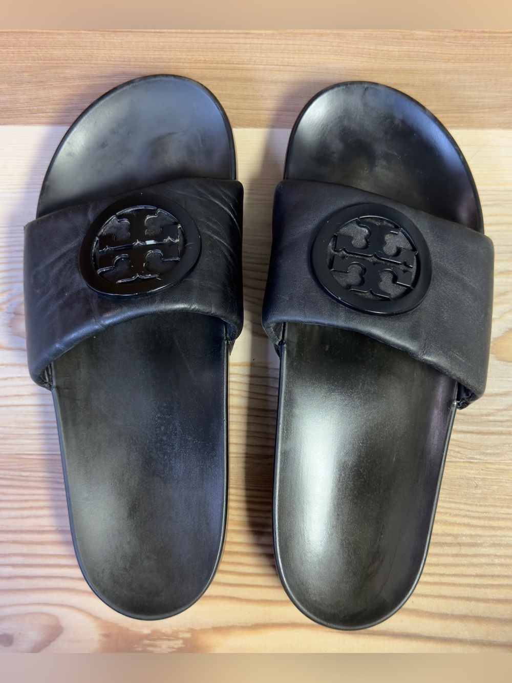 Tory Burch Lina Leather Slide Sandals Black Flat Slides Size 10 M